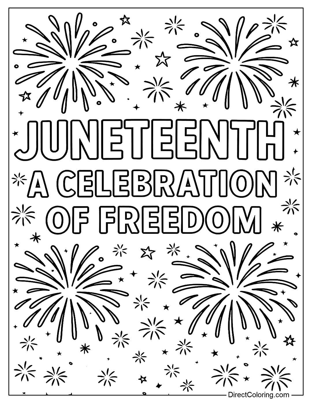 Coloring page of fireworks in the night sky with the words “Juneteenth – A Celebration of Freedom”